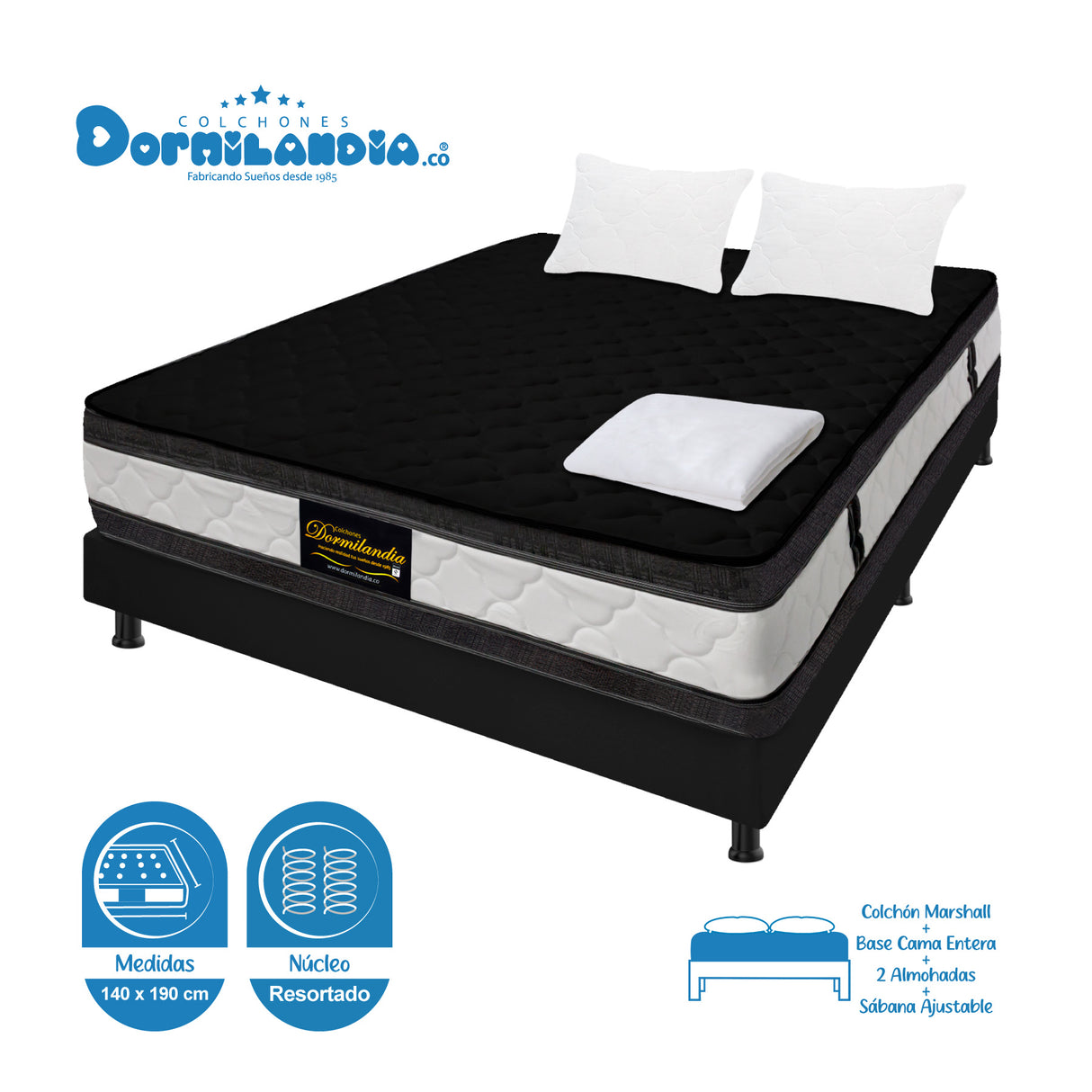 Combo Base Cama y Colchón Marshall Negro Doble 140 X 190 Cm Firmeza Medio Doble Faz - COLCHONES | Bylmo
