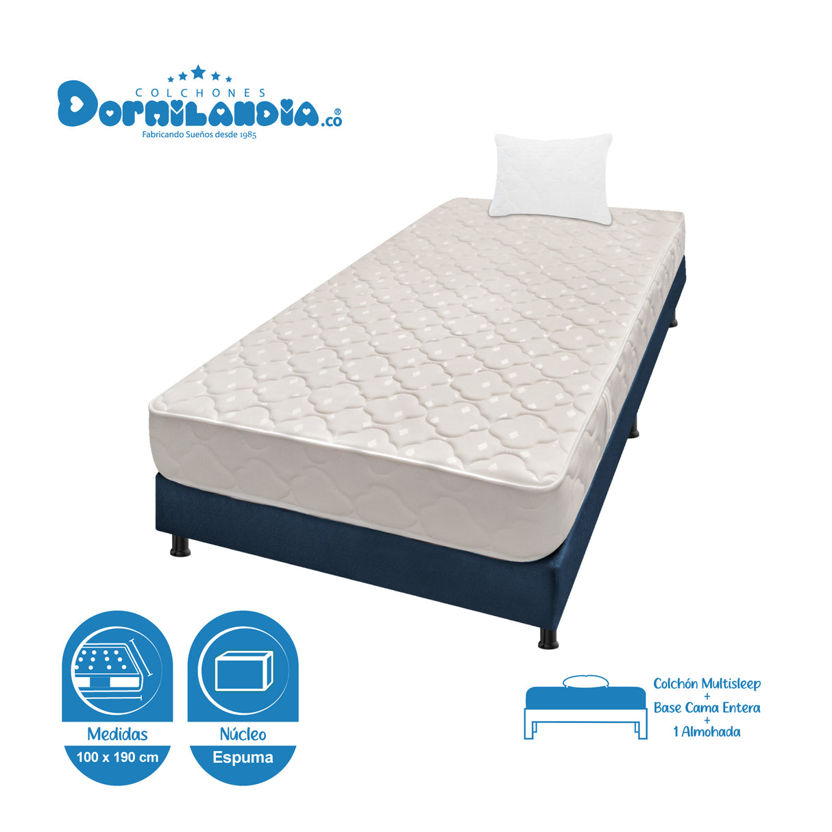 Combo Base Cama y Colchón Multisleep Blanco y Azul Sencillo 100 X 190 Cm Firmeza Medio Doble Faz - COLCHONES | Bylmo