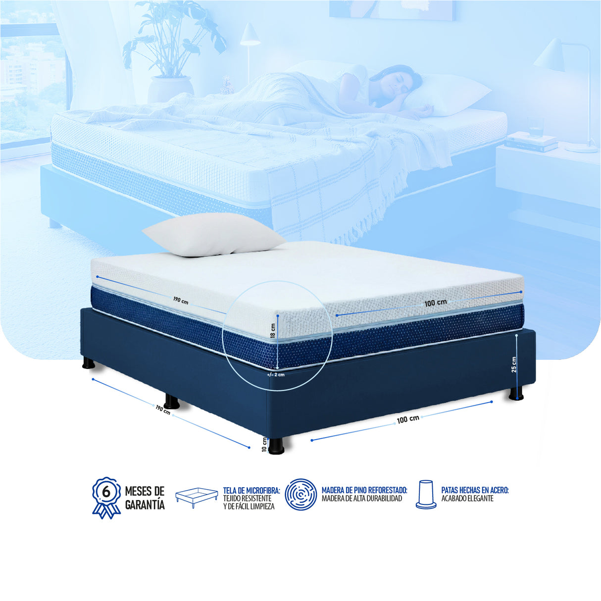 Combo Base Cama y Colchón Multisleep Blanco y Azul Sencillo 100 X 190 Cm Firmeza Medio Doble Faz - COLCHONES | Bylmo