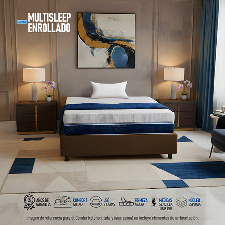 Combo Base Cama y Colchón Multisleep Blanco y Cafe Sencillo 100 X 190 Cm Firmeza Medio Doble Faz - COLCHONES | Bylmo