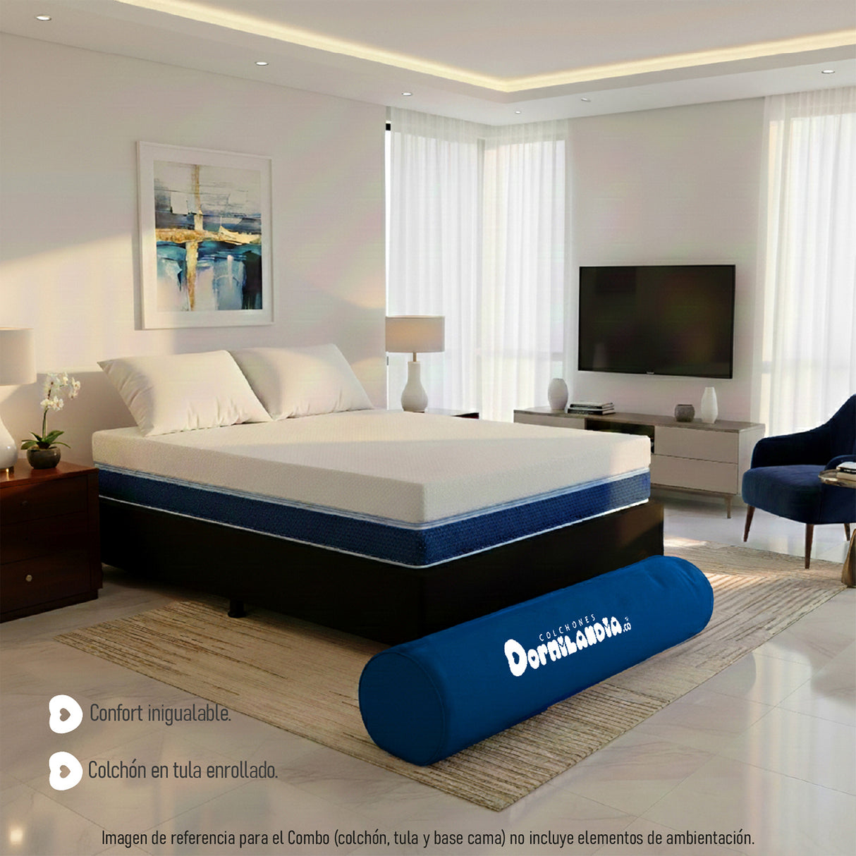 Combo Base Cama y Colchón Enrollado Multisleep Blanco y Negro Queen 160 X 190 Cm Firmeza Medio Doble Faz