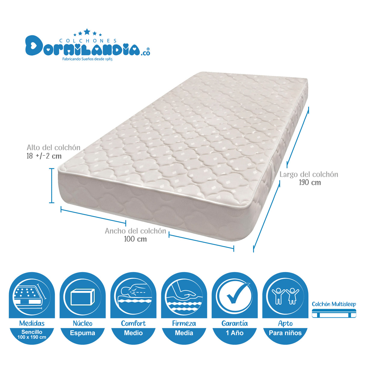Combo Base Cama y Colchón Multisleep Blanco y Gris Sencillo 100 X 190 Cm Firmeza Medio Doble Faz - COLCHONES | Bylmo