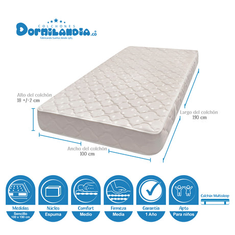 Combo Base Cama y Colchón Multisleep Blanco y Gris Sencillo 100 X 190 Cm Firmeza Medio Doble Faz - COLCHONES | Bylmo