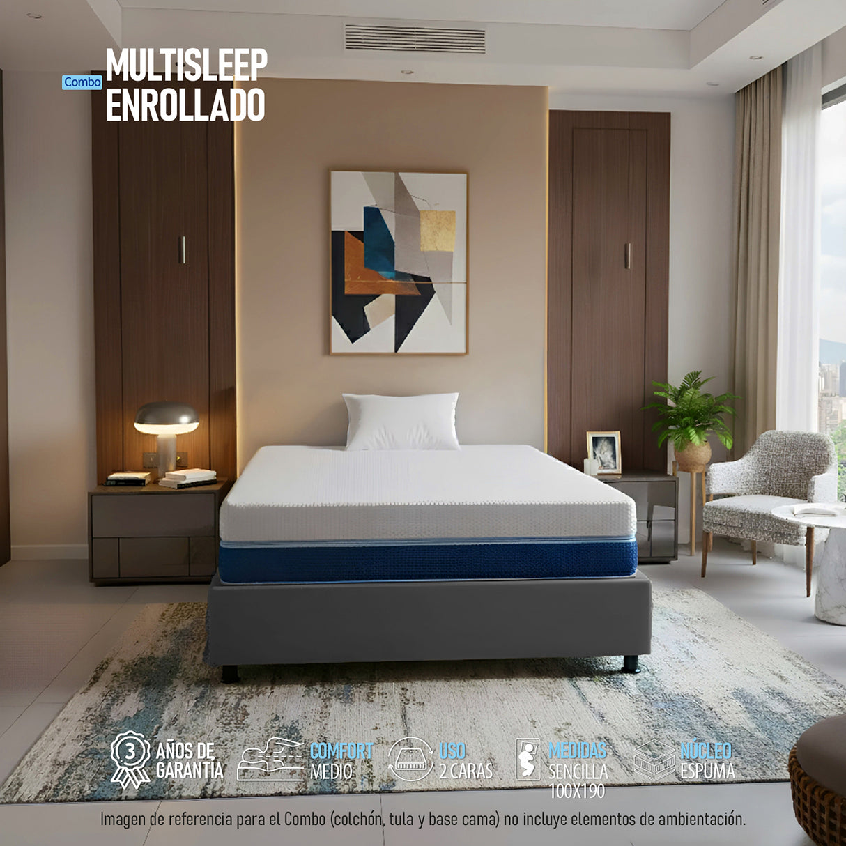 Combo Base Cama y Colchón Enrollado Multisleep Blanco y Gris Sencillo 100 X 190 Cm Firmeza Medio Doble Faz