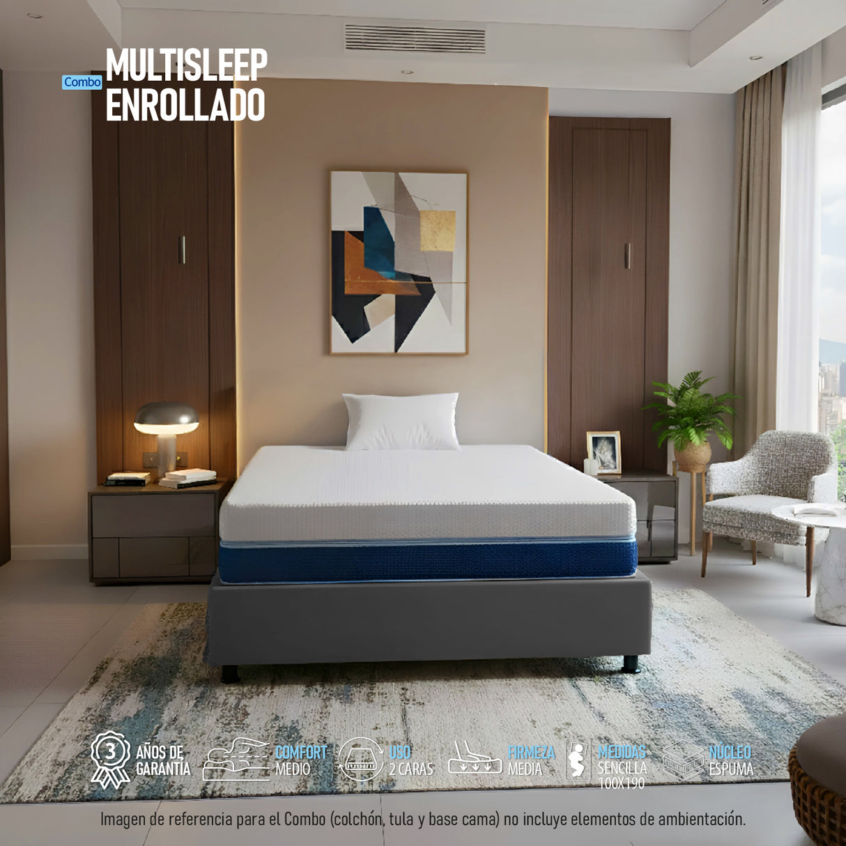 Combo Base Cama y Colchón Multisleep Blanco y Gris Sencillo 100 X 190 Cm Firmeza Medio Doble Faz - COLCHONES | Bylmo