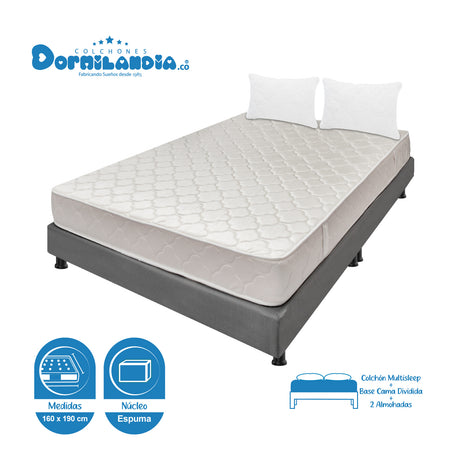 Combo Base Cama y Colchón Multisleep Blanco y Gris Queen 160 X 190 Cm Firmeza Medio Doble Faz - COLCHONES | Bylmo