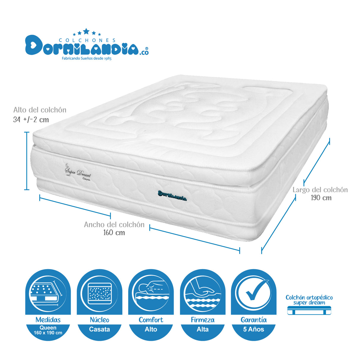 Combo Base Cama y Colchón Super Dream Blanco y Azul Queen 160 X 190 Cm Firmeza Firme Doble Faz - COLCHONES | Bylmo