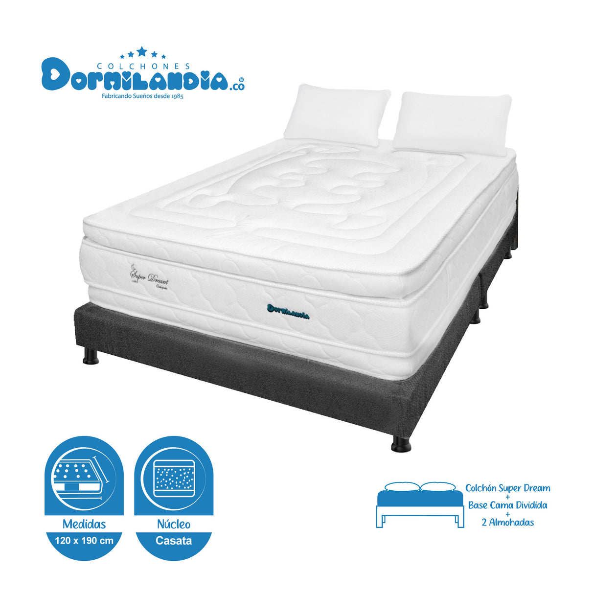 Combo Base Cama y Colchón Super Dream Blanco y Gris Semidoble 120 X 190 Cm Firmeza Firme Doble Faz - COLCHONES | Bylmo