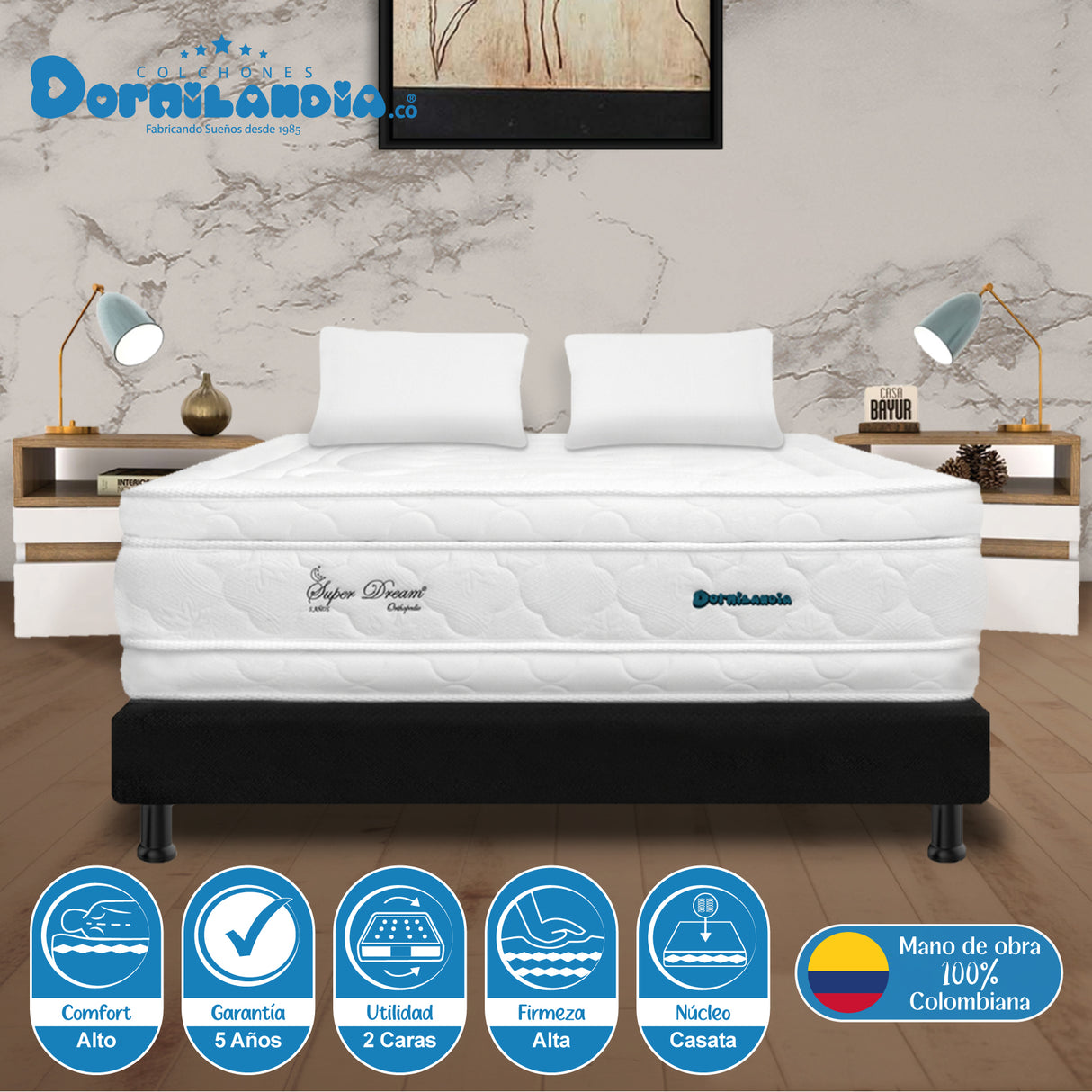 Combo Base Cama y Colchón Super Dream Blanco y Negro Doble 140 X 190 Cm Firmeza Firme Doble Faz - COLCHONES | Bylmo