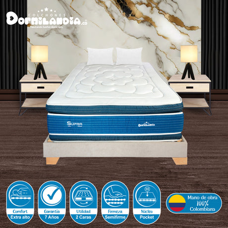 Combo Base Cama y Colchón Supra Azul y Arena King 200 X 200 Cm Firmeza Medio Doble Faz - COLCHONES | Bylmo