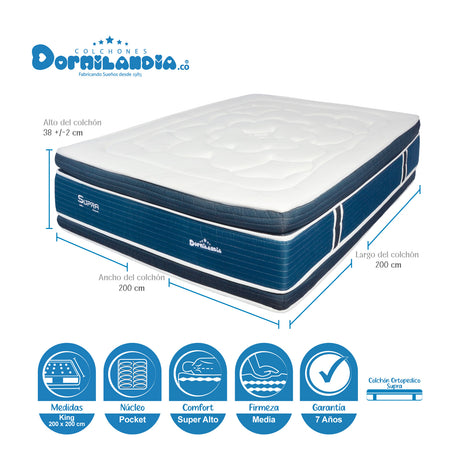Combo Base Cama y Colchón Supra Azul y Arena King 200 X 200 Cm Firmeza Medio Doble Faz - COLCHONES | Bylmo