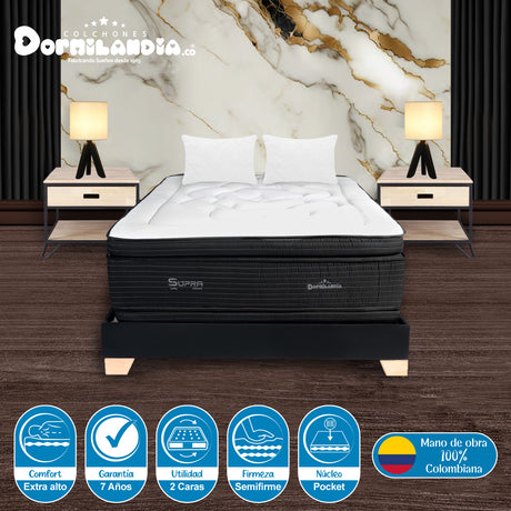 Combo Base Cama y Colchón Supra Negro Queen 160 X 190 Cm Firmeza Medio Doble Faz - COLCHONES | Bylmo