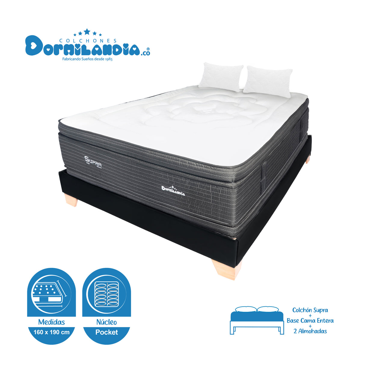 Combo Base Cama y Colchón Supra Negro Queen 160 X 190 Cm Firmeza Medio Doble Faz - COLCHONES | Bylmo