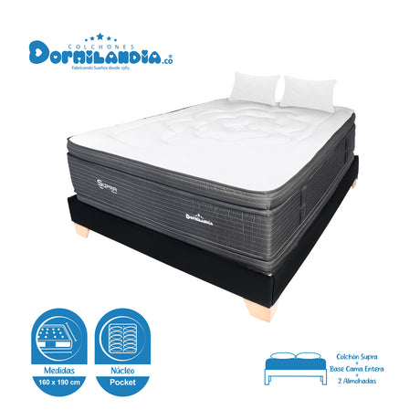 Combo Base Cama y Colchón Supra Negro Queen 160 X 190 Cm Firmeza Medio Doble Faz - COLCHONES | Bylmo