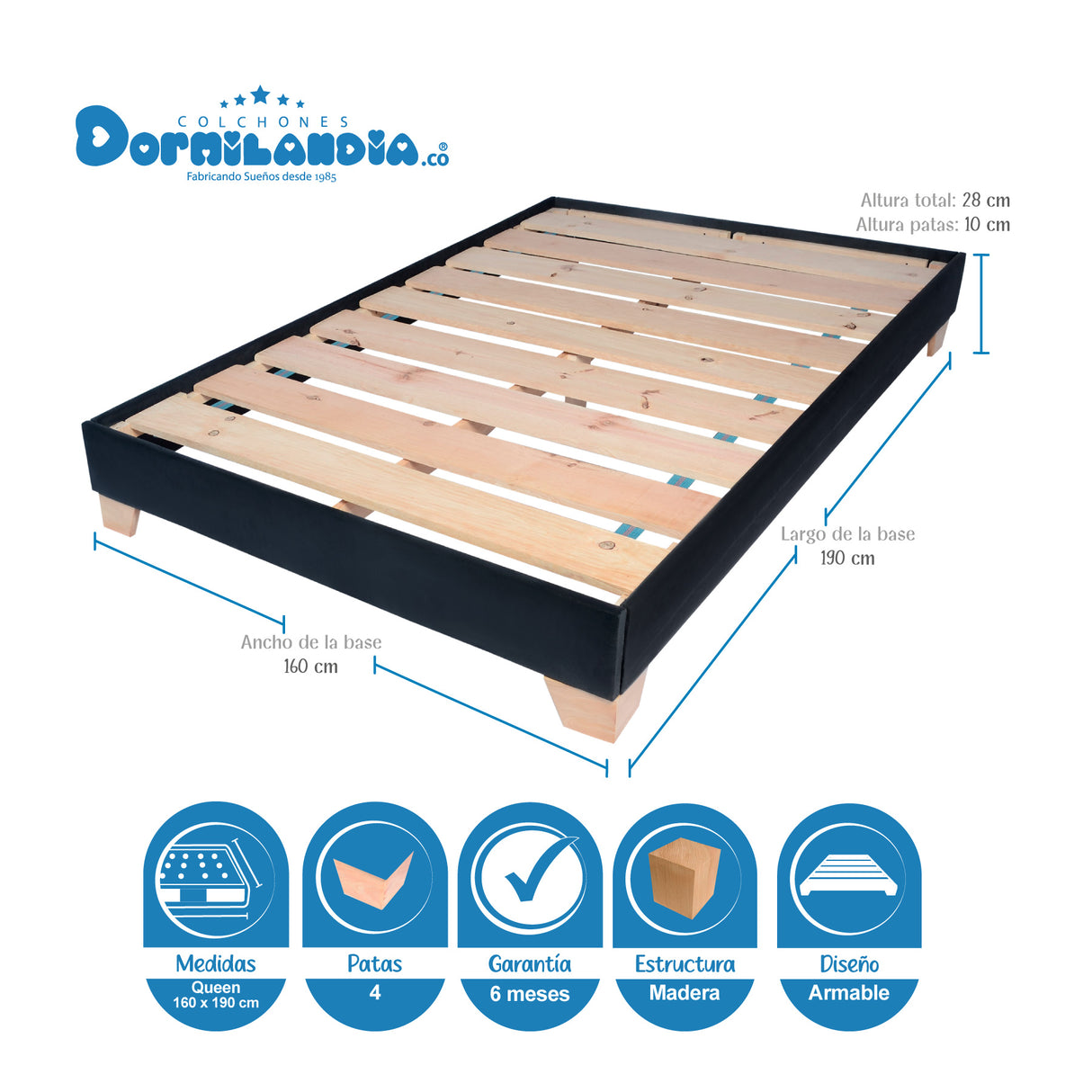 Combo Base Cama y Colchón Supra Negro Queen 160 X 190 Cm Firmeza Medio Doble Faz - COLCHONES | Bylmo
