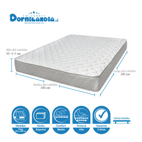 Combo Base Cama y Colchón Ultraflex Blanco y Gris King 200 X 200 Cm Firmeza Firme Doble Faz - COLCHONES | Bylmo