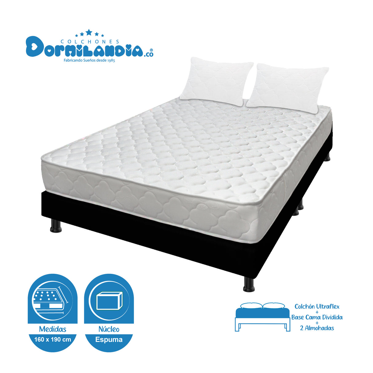 Combo Base Cama y Colchón Ultraflex Blanco y Negro Queen 160 X 190 Cm Firmeza Firme Doble Faz - COLCHONES | Bylmo