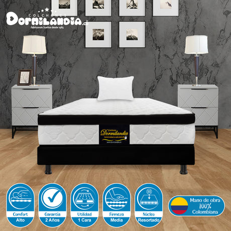 Combo Base Cama y Colchón Versalles Blanco y Negro Sencillo 100 X 190 Cm Firmeza Medio - COLCHONES | Bylmo