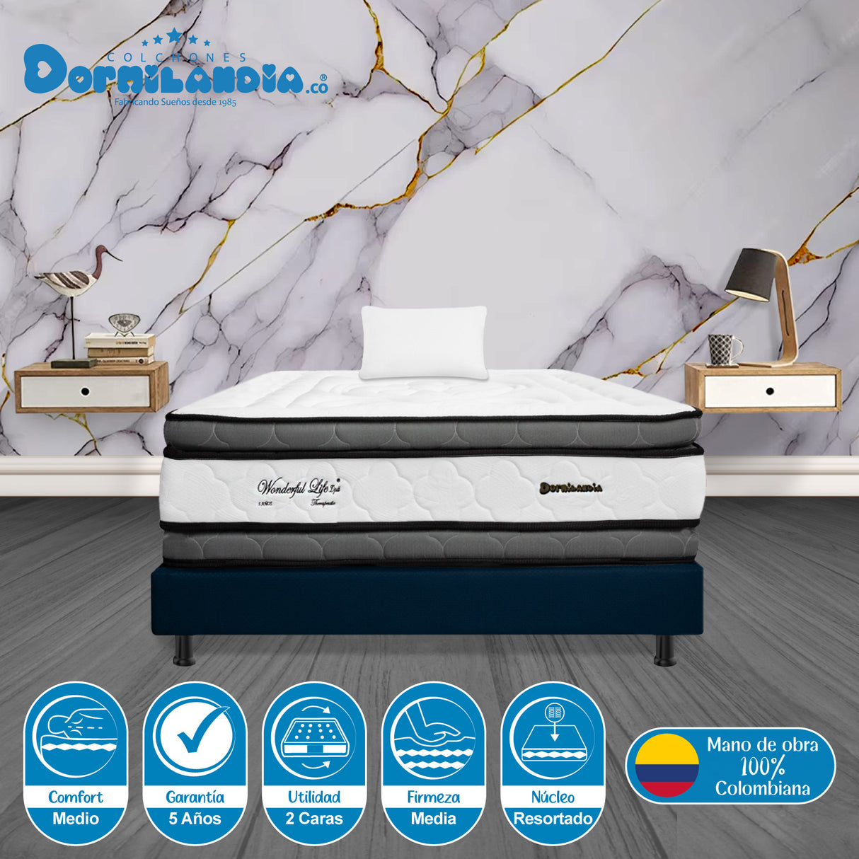 Combo Base Cama y Colchón Wonderful Blanco y Azul Sencillo 100 X 190 Cm Firmeza Medio Doble Faz - COLCHONES | Bylmo