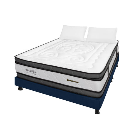 Combo Base Cama y Colchón Wonderful Blanco y Azul Queen 160 X 190 Cm Firmeza Medio Doble Faz - COLCHONES | Bylmo