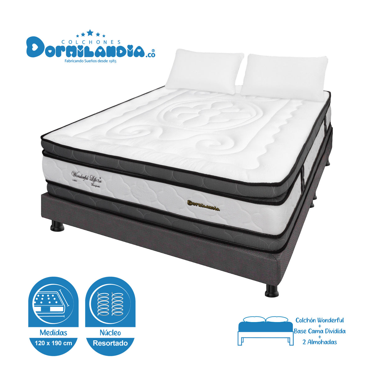 Combo Base Cama y Colchón Wonderful Blanco y Gris Semidoble 120 X 190 Cm Firmeza Medio Doble Faz - COLCHONES | Bylmo