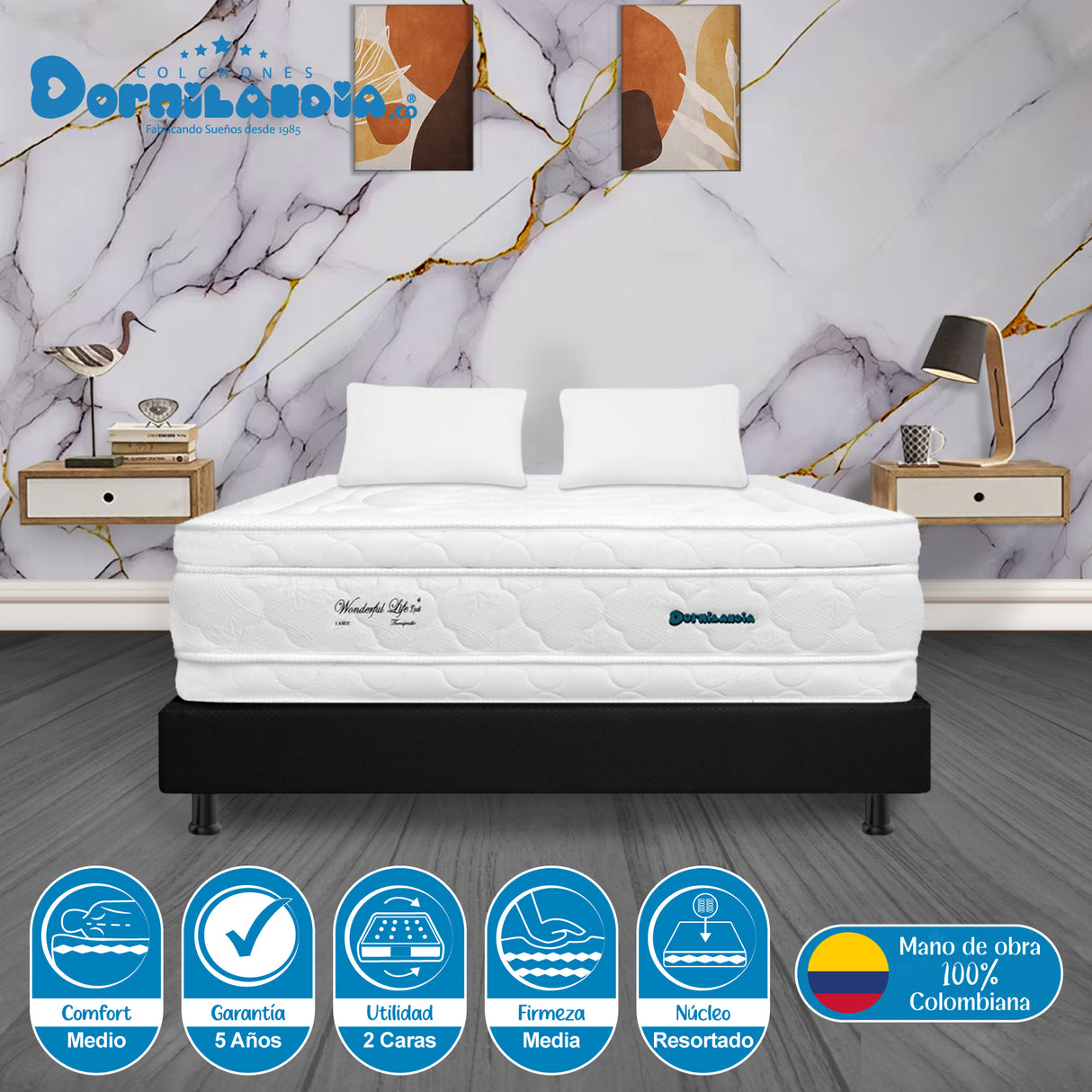 Combo Base Cama y Colchón Wonderful Blanco y Negro Queen 160 X 190 Cm Firmeza Medio Doble Faz - COLCHONES | Bylmo