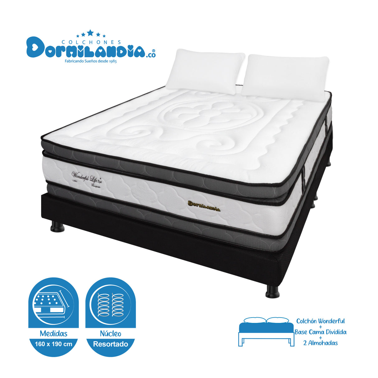 Combo Base Cama y Colchón Wonderful Blanco y Negro Queen 160 X 190 Cm Firmeza Medio Doble Faz - COLCHONES | Bylmo