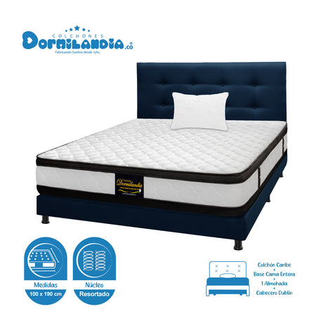 Combo Colchón Atenas Blanco y Azul Sencillo 100 X 190 Cm Firmeza Medio Doble Faz Con Cabecero y Base Cama - COLCHONES | Bylmo