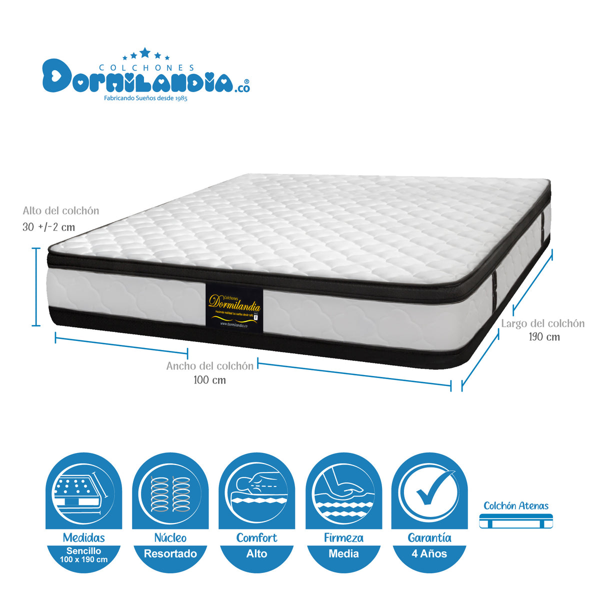 Combo Colchón Atenas Blanco y Azul Sencillo 100 X 190 Cm Firmeza Medio Doble Faz Con Cabecero y Base Cama - COLCHONES | Bylmo