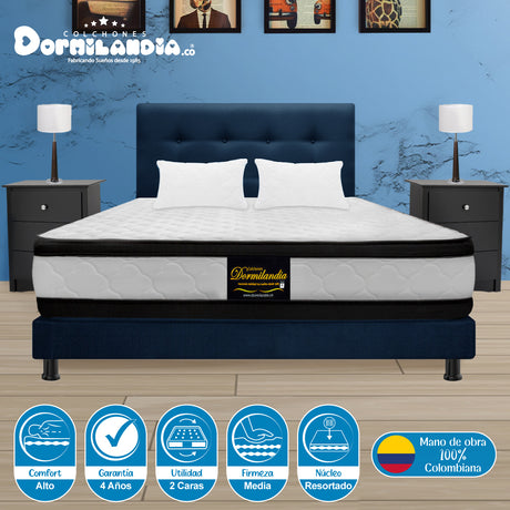 Combo Colchón Atenas Blanco y Azul Semidoble 120 X 190 Cm Firmeza Medio Doble Faz Con Cabecero y Base Cama - COLCHONES | Bylmo