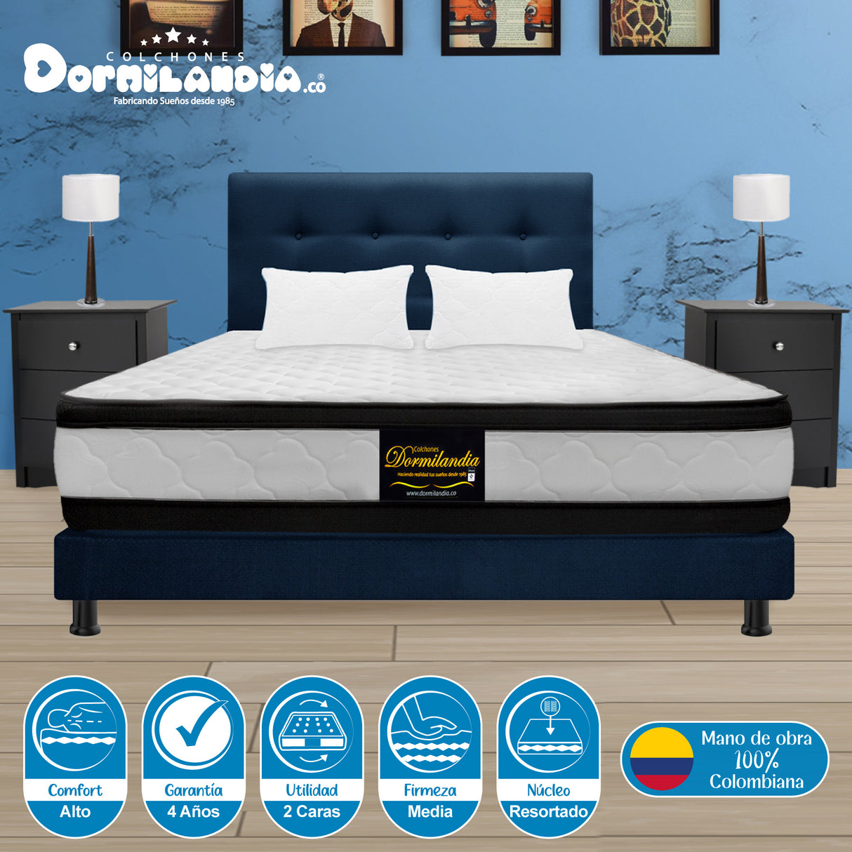 Combo Colchón Atenas Blanco y Azul Queen 160 X 190 Cm Firmeza Medio Doble Faz Con Cabecero y Base Cama - COLCHONES | Bylmo