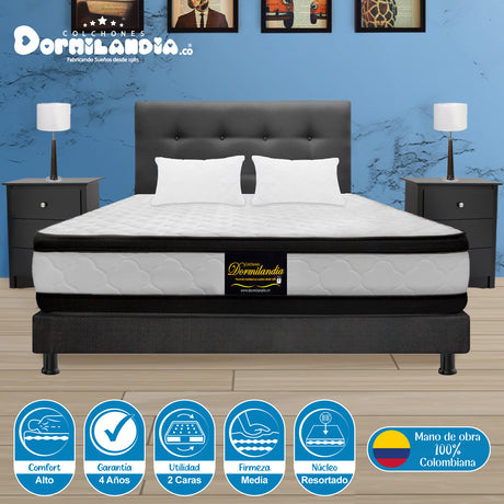 Combo Colchón Atenas Blanco y Gris Queen 160 X 190 Cm Firmeza Medio Doble Faz Con Cabecero y Base Cama - COLCHONES | Bylmo
