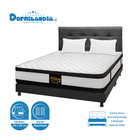 Combo Colchón Atenas Blanco y Gris King 200 X 200 Cm Firmeza Medio Doble Faz Con Cabecero y Base Cama - COLCHONES | Bylmo