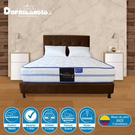 Combo Colchón Caribe Blanco y Cafe Semidoble 120 X 190 Cm Firmeza Suave Doble Faz Con Cabecero y Base Cama - COLCHONES | Bylmo