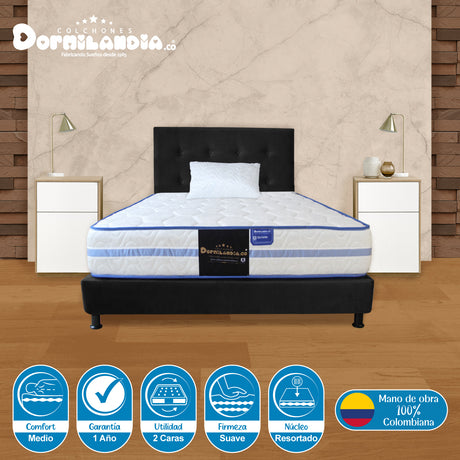 Combo Colchón Caribe Blanco y Negro Sencillo 100 X 190 Cm Firmeza Suave Doble Faz Con Cabecero y Base Cama - COLCHONES | Bylmo