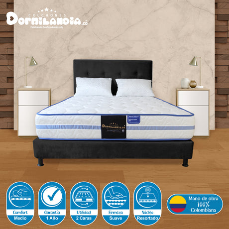 Combo Colchón Caribe Blanco y Negro Semidoble 120 X 190 Cm Firmeza Suave Doble Faz Con Cabecero y Base Cama - COLCHONES | Bylmo