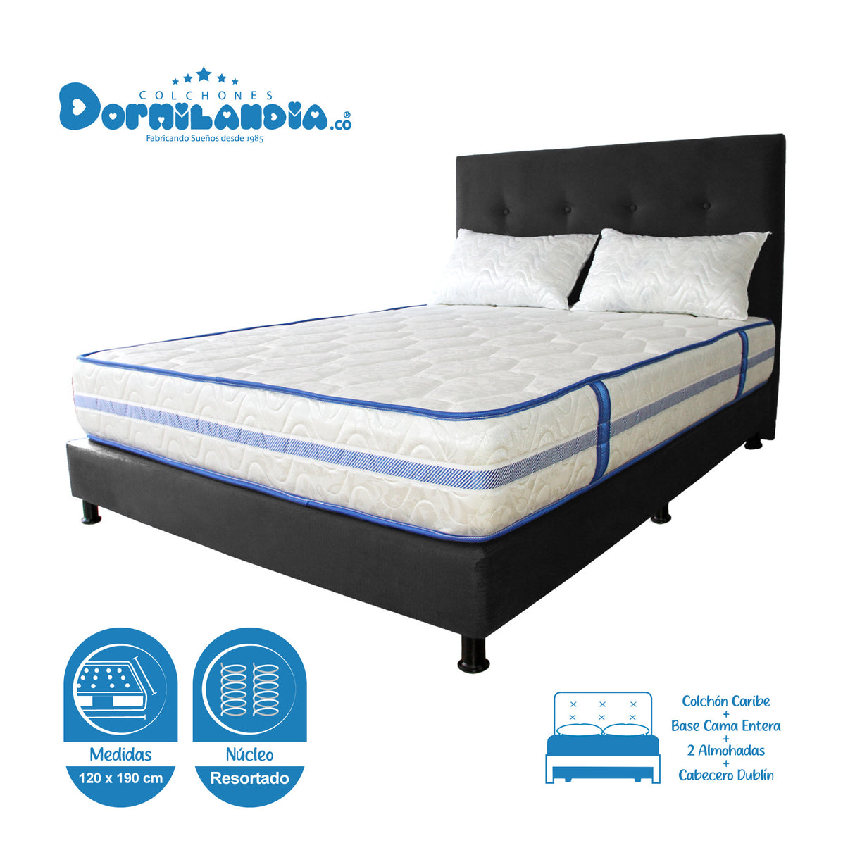 Combo Colchón Caribe Blanco y Negro Semidoble 120 X 190 Cm Firmeza Suave Doble Faz Con Cabecero y Base Cama - COLCHONES | Bylmo