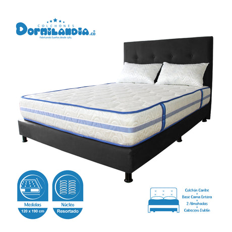 Combo Colchón Caribe Blanco y Negro Semidoble 120 X 190 Cm Firmeza Suave Doble Faz Con Cabecero y Base Cama - COLCHONES | Bylmo