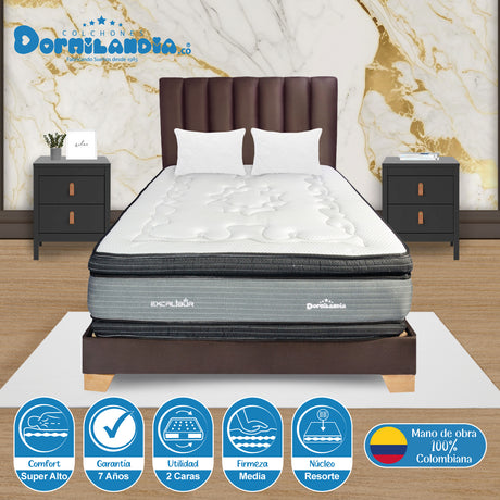 Combo Colchón Excalibur Gris y Azul Queen 160 X 190 Cm Firmeza Medio Doble Faz Con Cabecero y Base Cama - COLCHONES | Bylmo