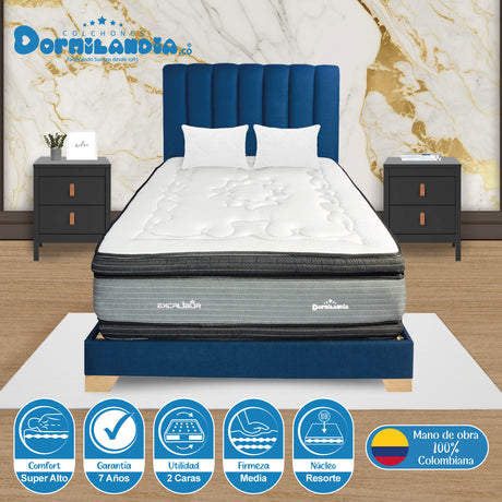 Combo Colchón Excalibur Gris y Negro Queen 160 X 190 Cm Firmeza Medio Doble Faz Con Cabecero y Base Cama - COLCHONES | Bylmo