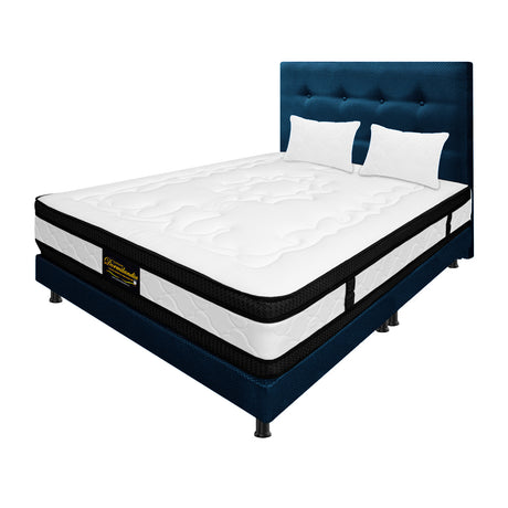 Combo Colchón Blanco y Azul King 200 X 200 Cm Firmeza Medio Suave Doble Faz Con Cabecero y Base Cama - COLCHONES | Bylmo