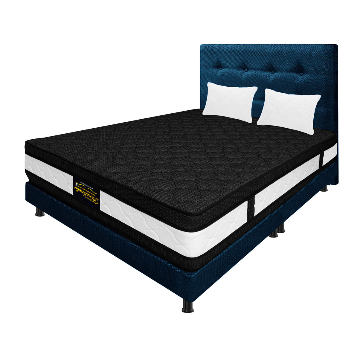 Combo Colchón Blanco y Azul King 200 X 200 Cm Firmeza Medio Suave Doble Faz Con Cabecero y Base Cama - COLCHONES | Bylmo