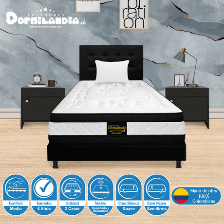 Combo Colchón Blanco y Negro Sencillo 100 X 190 Cm Firmeza Medio Suave Doble Faz Con Cabecero y Base Cama - COLCHONES | Bylmo