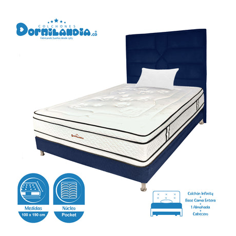 Combo Colchón Infinity Blanco y Azul Sencillo 100 X 190 Cm Firmeza Medio Firme Doble Faz Con Cabecero y Base Cama - COLCHONES | Bylmo