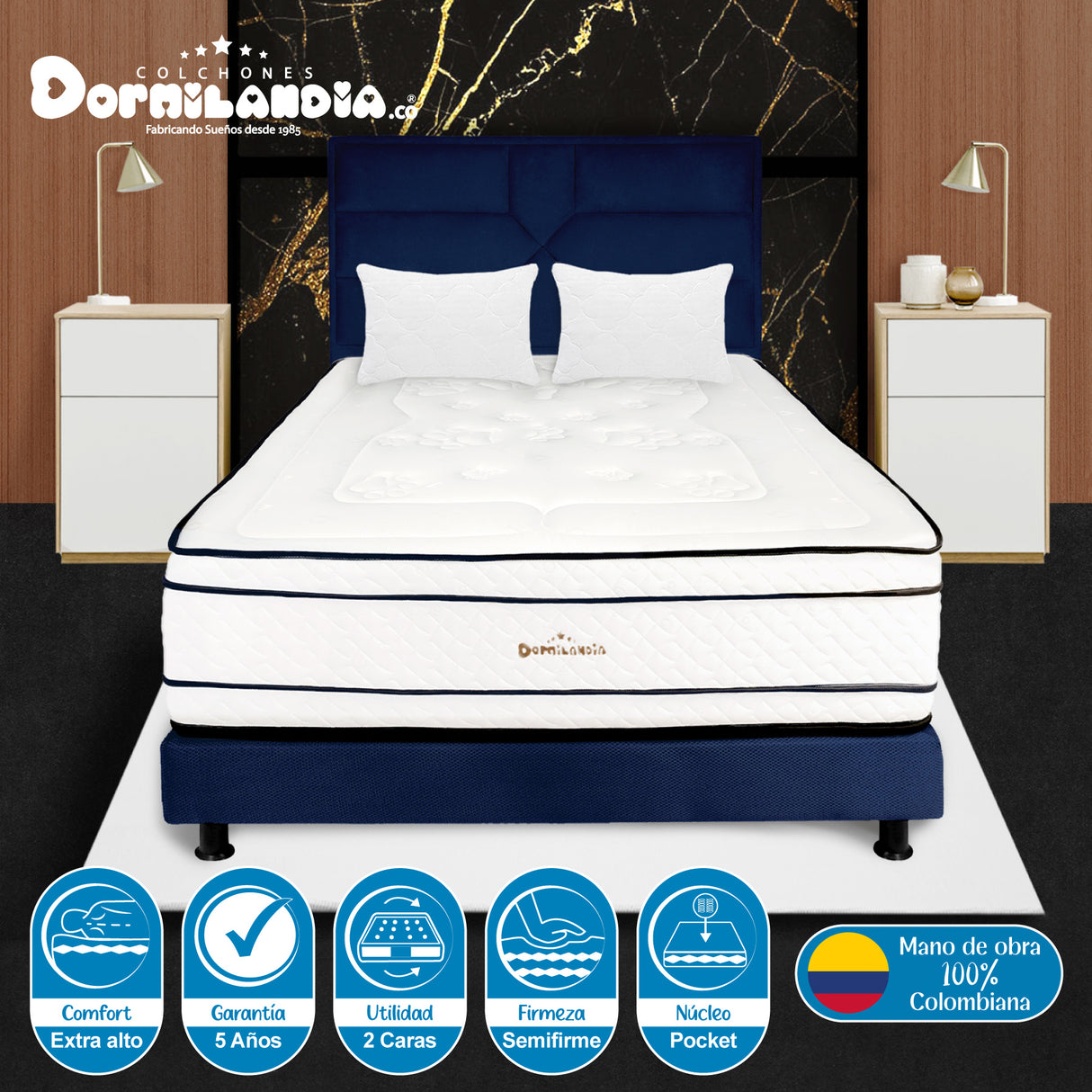 Combo Colchón Infinity Blanco y Azul Doble 140 X 190 Cm Firmeza Medio Firme Doble Faz Con Cabecero y Base Cama - COLCHONES | Bylmo