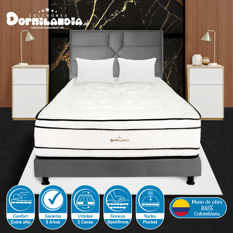 Combo Colchón Infinity Blanco y Gris Semidoble 120 X 190 Cm Firmeza Medio Firme Doble Faz Con Cabecero y Base Cama - COLCHONES | Bylmo