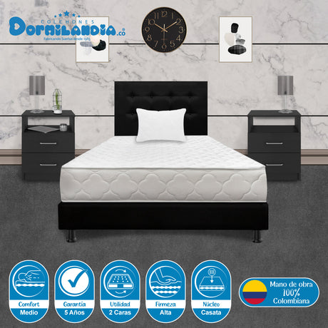 Combo Colchón Macizo Blanco y Negro Sencillo 100 X 190 Cm Firmeza Firme Doble Faz Con Cabecero y Base Cama - COLCHONES | Bylmo
