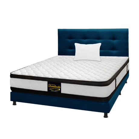 Combo Colchón Malta Blanco y Azul Sencillo 100 X 190 Cm Firmeza Firme Doble Faz Con Cabecero y Base Cama - COLCHONES | Bylmo