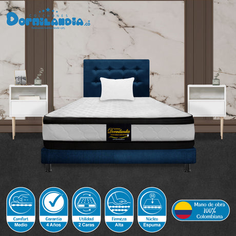 Combo Colchón Malta Blanco y Azul Sencillo 100 X 190 Cm Firmeza Firme Doble Faz Con Cabecero y Base Cama - COLCHONES | Bylmo