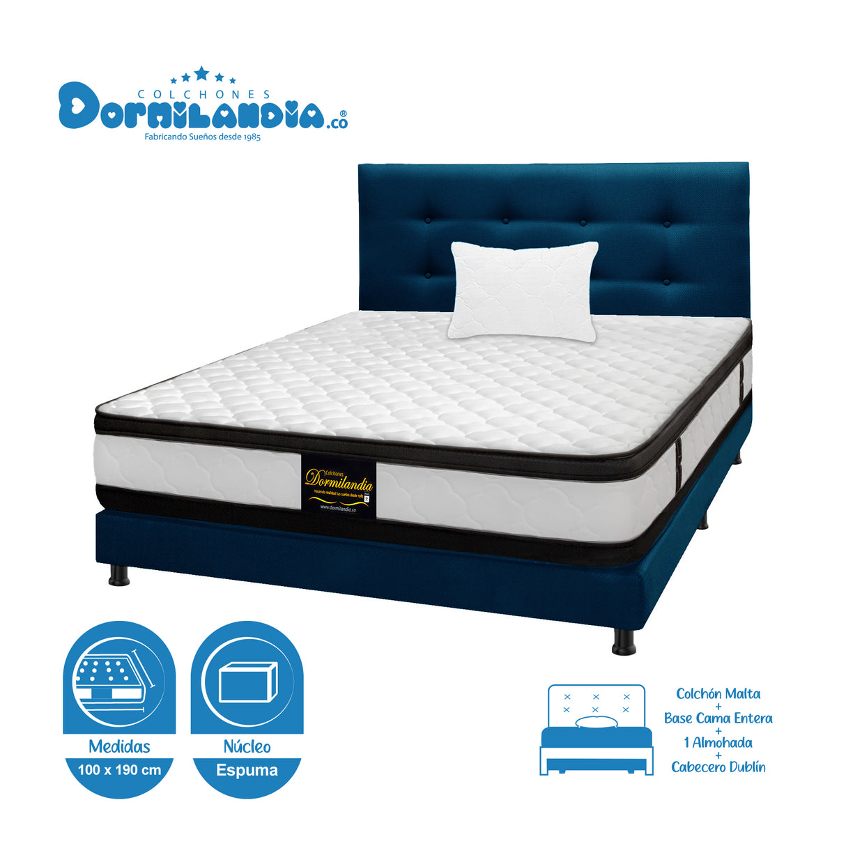Combo Colchón Malta Blanco y Azul Sencillo 100 X 190 Cm Firmeza Firme Doble Faz Con Cabecero y Base Cama - COLCHONES | Bylmo